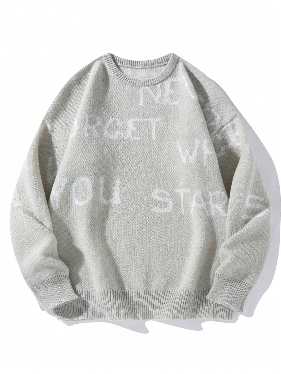 Chillumni Men's Drop Shoulder Long Sleeve Casual Color Block Urban Pullover Sweater With Letter Print, For Friends, Men Sweatshirts, Men Graphic Sweaters, Sweater, Men Outerwear, Men Knitwear, For Fall Winter