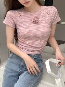 Dazy Star 女士紮染 3d 花卉設計插肩袖 T 卹 - 粉色 - 查看 5