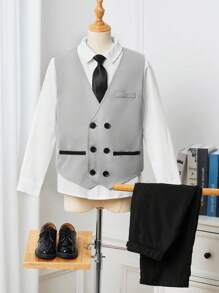 SHEIN Tween Boy優雅提花領襯衫搭配雙排扣背心和褲子紳士套裝，3件套 - 灰色 - 查看 1
