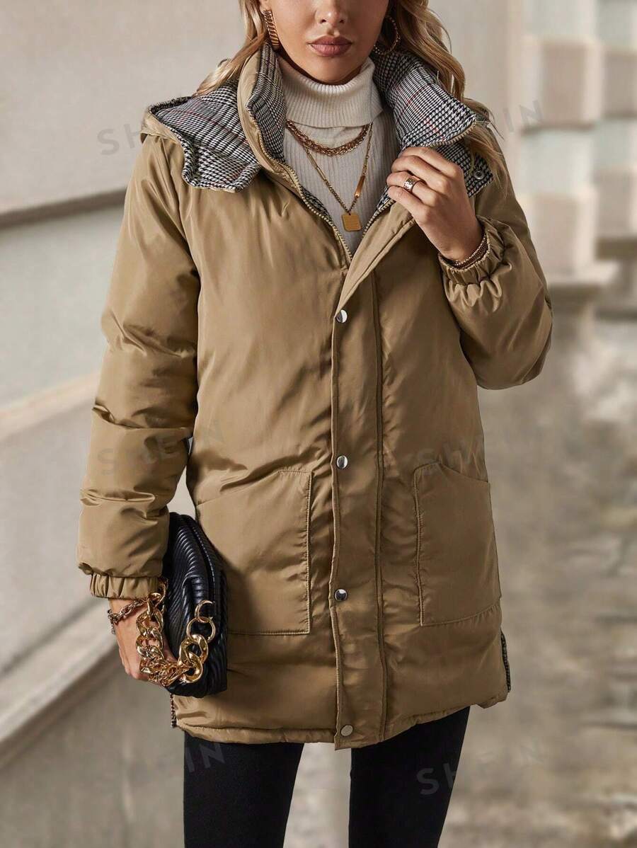 SHEIN Unity Abrigo acolchado con capucha forrado a cuadros para mujer, ropa de invierno