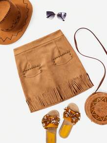 SHEIN VCAY Studded Detail Fringe Hem Bodycon Skirt - Khaki - View 1