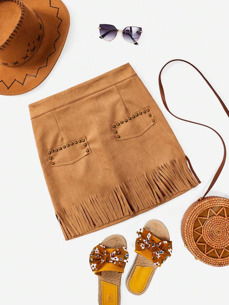 SHEIN VCAY Studded Detail Fringe Hem Bodycon Skirt - Khaki - View 1