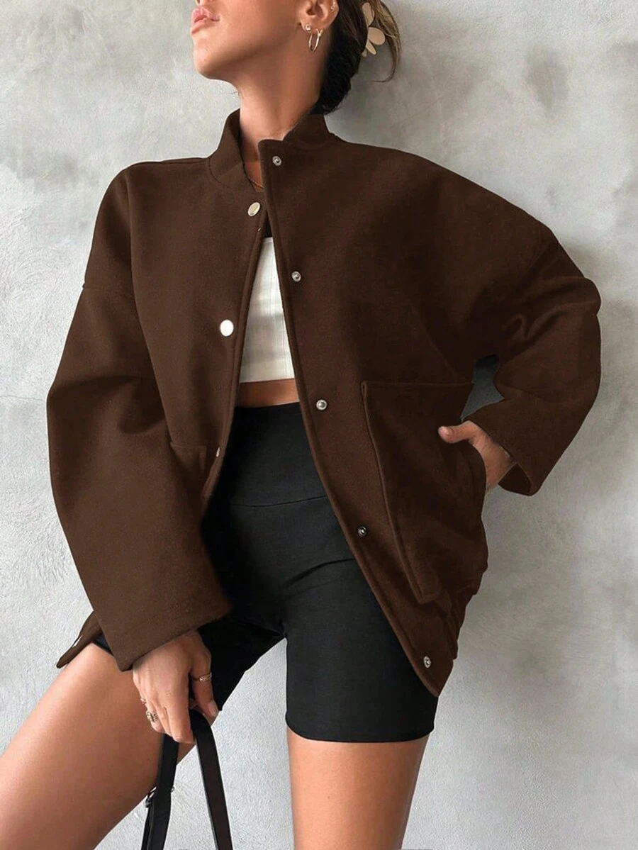 SHEIN Cottnline 斜口袋插肩袖花呢外套 - 咖啡棕 - 查看 1