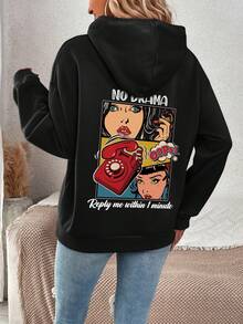 SHEIN EZwear Women's Character Printed Fleece Hoodie With Back Print - Black - View 2