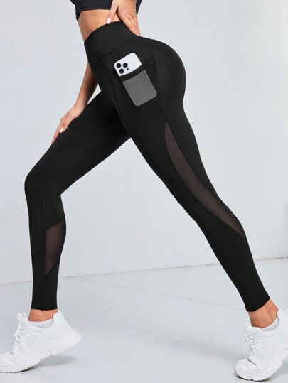 Easithlete Leggings de sport en maille contrastée avec poche pour femmes
