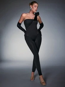 Hauture One Shoulder Rosette Jumpsuit With Gloves - Black - View 3