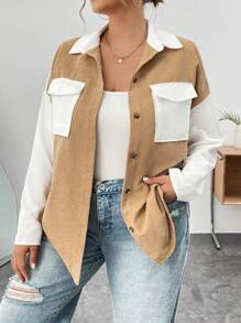 SHEIN Essnce Kích thước lớn Của phụ nữ Khối màu Trang phục làm việc Áo sơ mi Với Túi - Màu Khaki - Xem 1