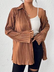 SHEIN Essnce 純色褶皺衫 - 棕色 - 查看 3