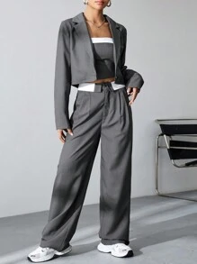 SHEIN Unity Ladies' Solid Color Single Breasted Cropped Blazer And Folded Waist Suit Pants Set - Dark Grey - View 1