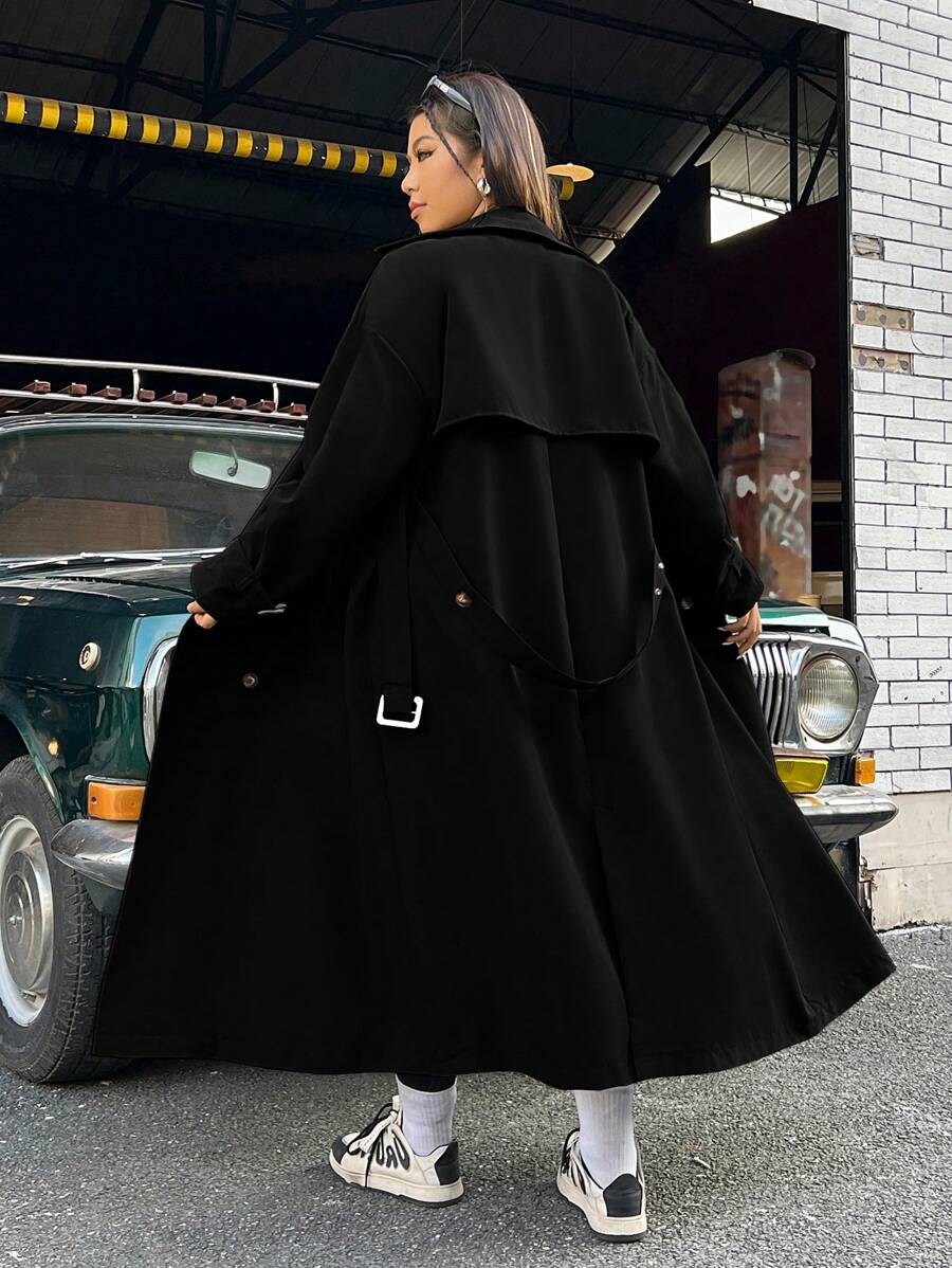 SHEIN EZwear Plus Size Solid Color Double Breasted Belted Trench Coat - Black - View 1