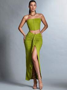 SHEIN BAE Conjunto De Top De Tubo Y Falda Con Dobladillo De Volantes Plisados Para Mujer - Verde - Ver 8