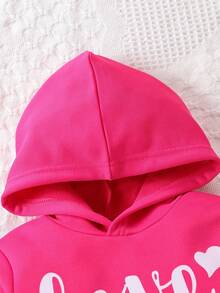 SHEIN Nhỏ bé Cô gái Màu hồng Áo nỉ có mũ Và Quần In Với Bộ - Màu Hồng Tươi - Xem 5