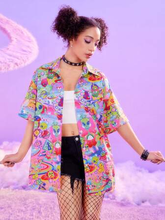 ROMWE X Care Bears Camisa De Moda Holgada Con Impresión De Alienígena Colorida