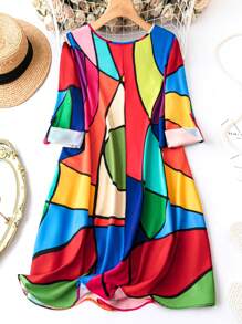 SHEIN LUNE Plus Size Women's Colorful Geometric Print Roll Sleeve Dress - Multicolor - View 2