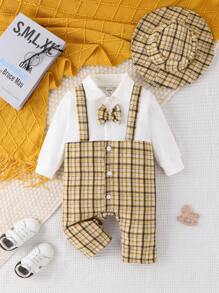 Baby Boys' Plaid Patchwork Jumpsuit With Bowknot Decor, 2 In 1 Style, With Hat - Multicolor - View 1