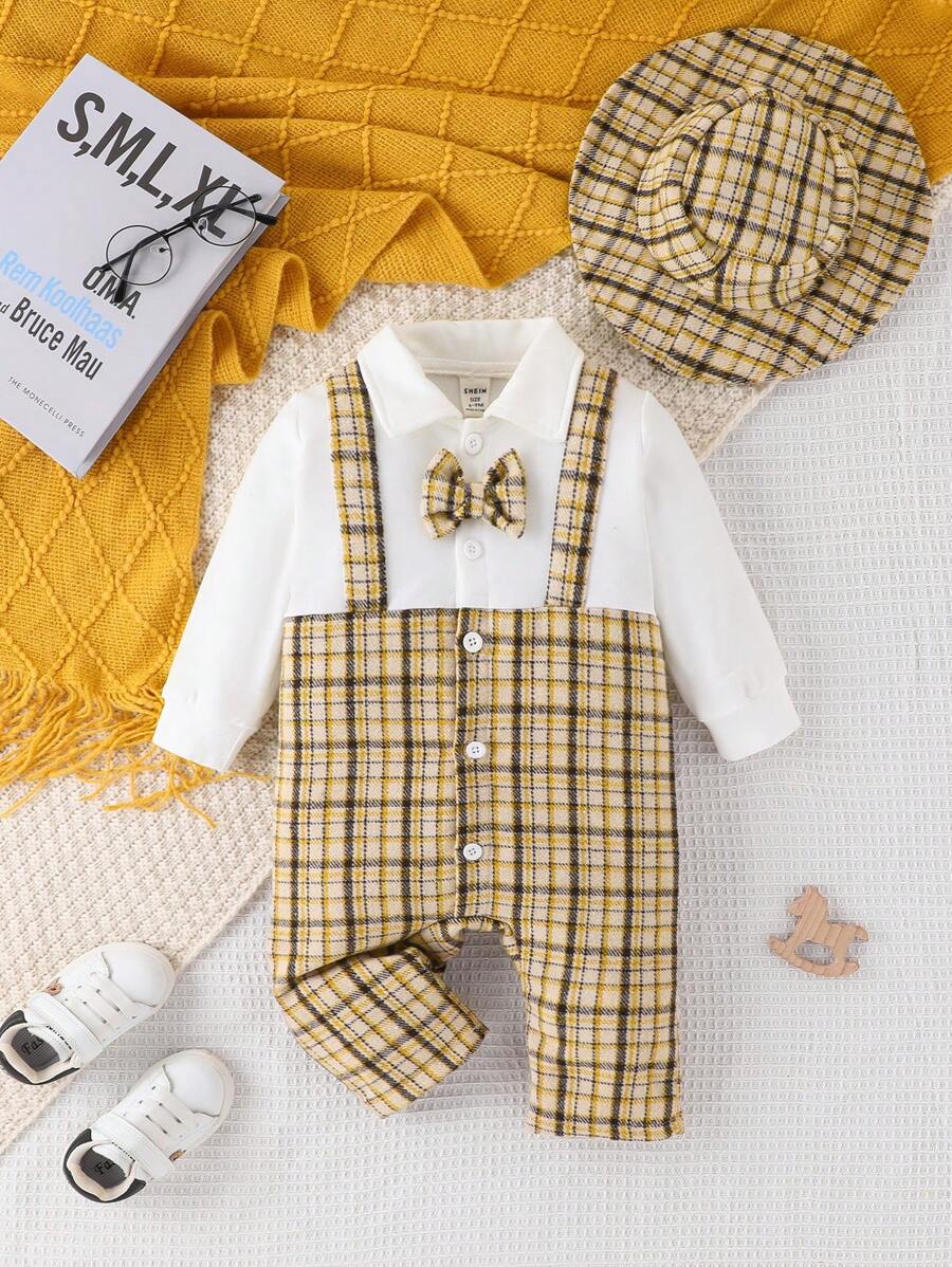 Baby Boys' Plaid Patchwork Jumpsuit With Bowknot Decor, 2 In 1 Style, With Hat - Multicolor - View 1