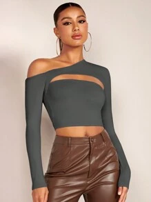 SHEIN BAE Của phụ nữ Không đối xứng Đường viền cổ áo Xu hướng: Cắt giảm Thon gọn Áo thun - Màu xám đen - Xem 3