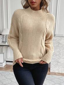 SHEIN LUNE Raglan Sleeves Cable Knit Sweater - Apricot - View 3