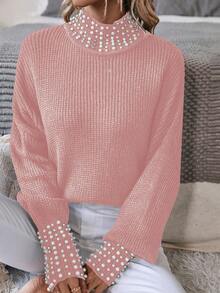 SHEIN Privé Của phụ nữ Trân châu Đồ trang trí Đứng cổ áo Áo len - Bụi hồng - Xem 3