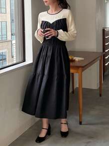 FRIFUL Women's Color-Block Lantern-Sleeve Dress With Ruffled Hem,Fall Clothes Long Sleeve Dress - Black - View 5