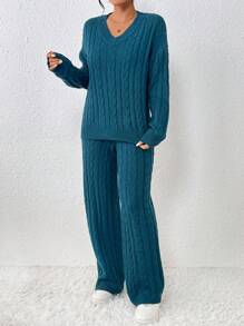 SHEIN Essnce 鴨綠色毛衣套裝,v領休閒針織衫套裝 - 綠色 - 查看 3