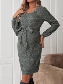 SHEIN 孕婦圓領純色針織裙配皮帶 - 綠色 - 查看 3