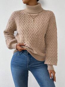 SHEIN LUNE 女式高領落肩毛衣 - 杏色 - 查看 3