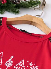 SHEIN LUNE Plus Size Women's Leopard Print Christmas Slogan Printed Dress - Red - View 5