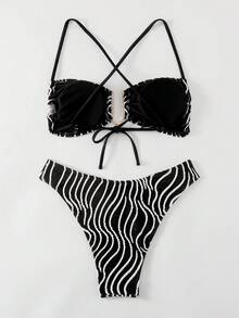 Women's All Over Print Bikini Set Summer Beach - Black and White - View 4