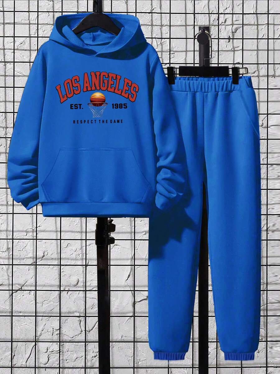 男童字母印花連帽衫和運動長褲套裝,青少年款 - 寶藍色 - 查看 1
