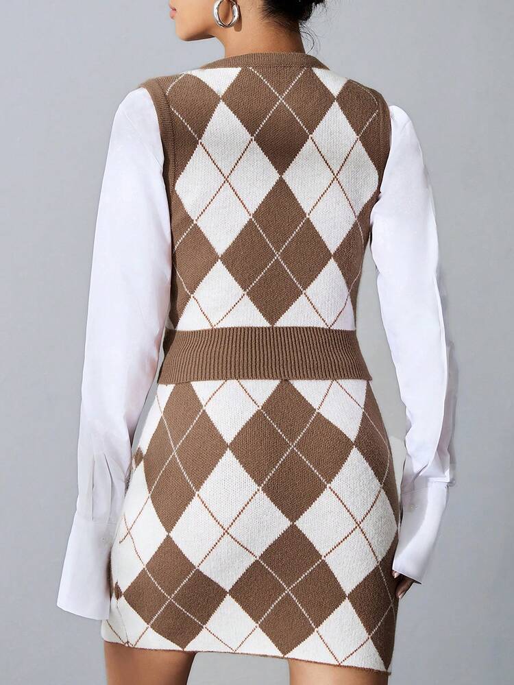 Women's Diamond Check V-neck Sweater Vest And Knitted Skirt Set