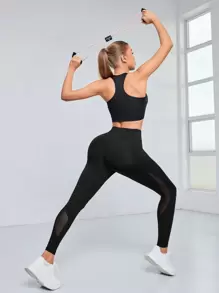 Easithlete Women's Mesh Contrast Leggings With Pocket For Sports Yoga Pants