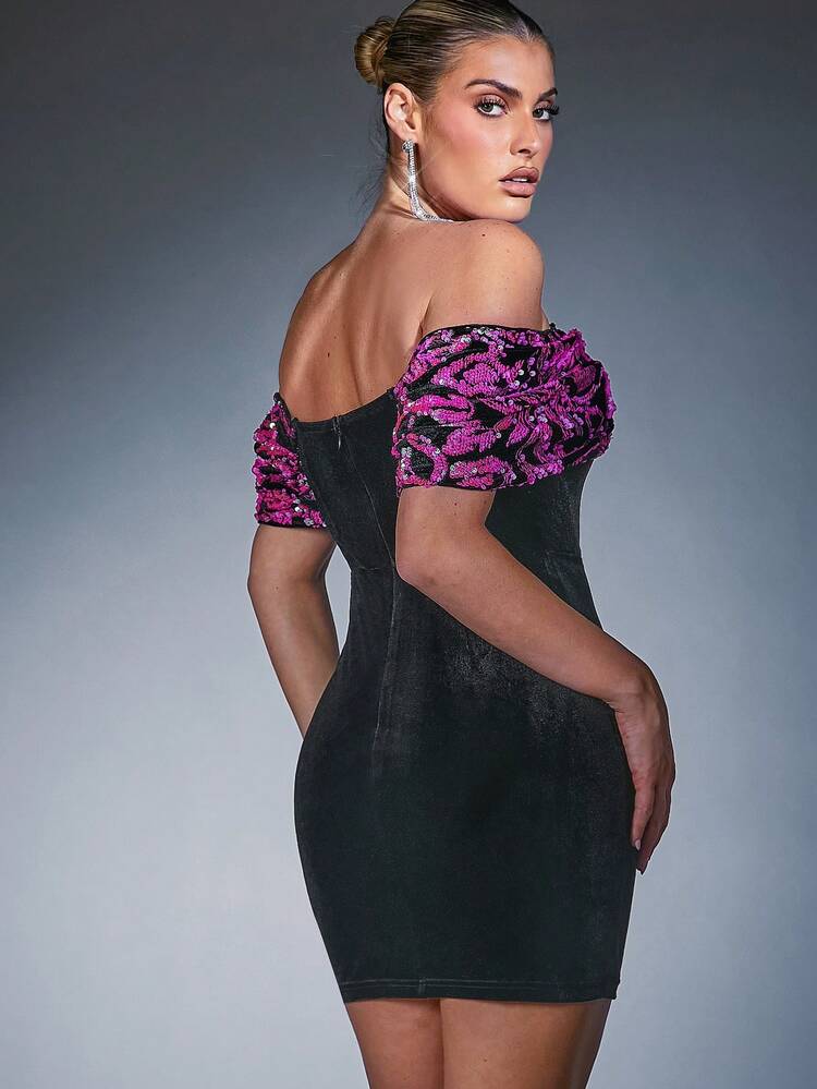 Sequin Off Shoulder Velvet Dress Suitable For Parties, Birthdays And Gatherings