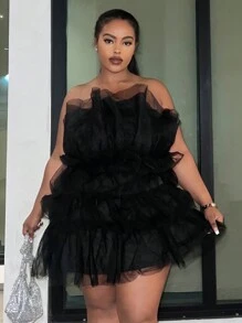 Slaydiva SLAYR PLUS - Vestido de fiesta de alta gama - Vestido negro transparente de talla grande de varias capas de malla sin estiramiento, atuendo para cita, vestido de graduación - Negro - Ver 2