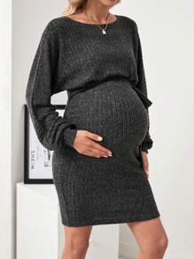 SHEIN Maternity Solid Color Belted Dress - Dark Grey - View 4