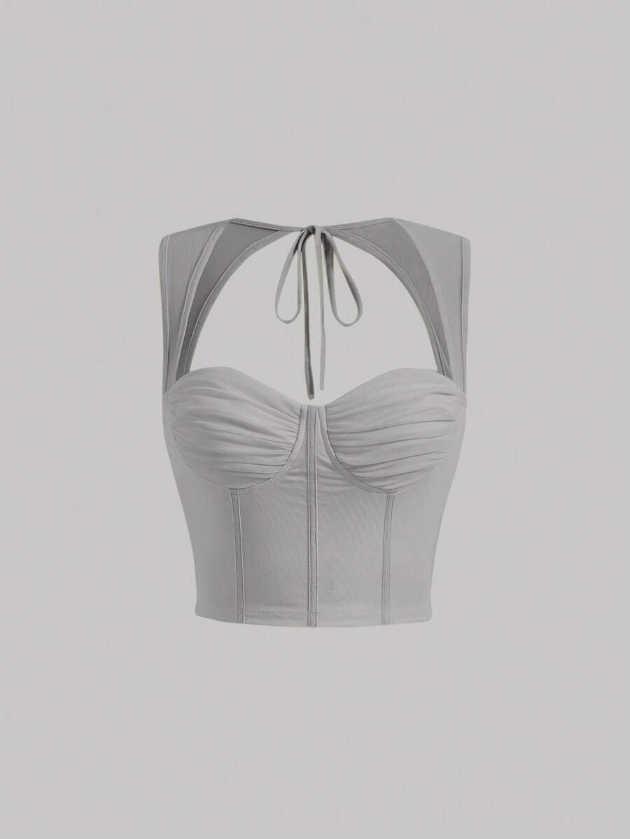 SHEIN MOD 夏季中空折褶短身上衣背心 - 灰色 - 查看 1