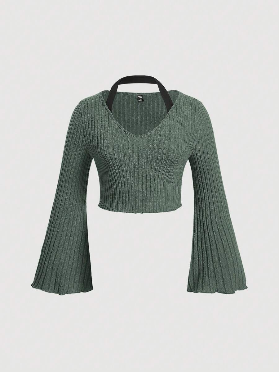 SHEIN MOD 女性加大size鈴褶袖綁頸上衣t恤