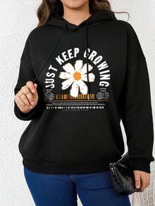 SHEIN LUNE Women's Plus Size Floral & Slogan Printed Drawstring Sweatshirt - Black - View 1