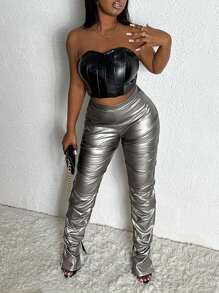 Slaydiva Plus Split Hem Ruched PU Leather Pants