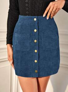 SHEIN Frenchy 純色拼布口袋裙 - 藏蓝色 - 查看 1