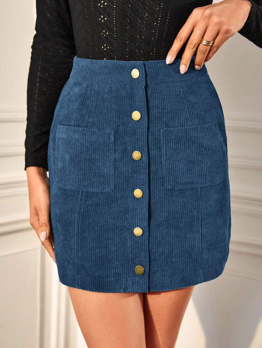 SHEIN Frenchy Màu thuần Vá lại Váy Với Túi - Màu xanh hải quân - Xem 1