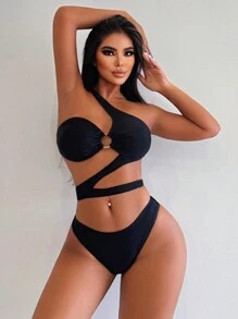 Swim SXY Summer Beach Bikini Set With Circular Ring Decorations & Hollow Out Details - Black - View 3