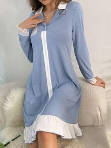 女用蕾絲拼接撞色荷葉邊下擺睡衣連身裙 - 霧霾藍 - 查看 4