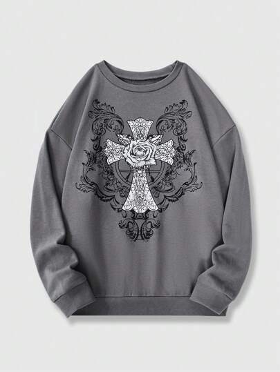 Sweat-shirt à col ras-du-cou épaissi avec motif rose vintage