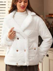 SHEIN Frenchy Women's Collar Double Breasted Padded Coat Winter White Casual - White - View 1