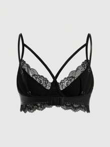 ROMWE Grunge Punk Women's Pu Leather Splice Lace Underwire Bra - Black - View 2