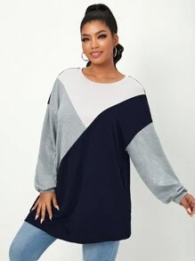 SHEIN Essnce Kích thước lớn Của phụ nữ Thả vai Khối màu Áo nỉ - Màu xanh hải quân - Xem 4