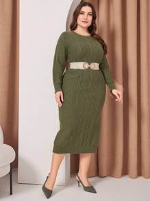 Mulvari Kích thước lớn Của phụ nữ Thon gọn Tay áo dài Áo len dệt kim Đầm - xanh quân đội - Xem 3