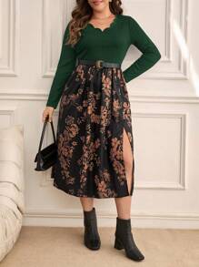 SHEIN Frenchy Bloemen Geprint Grote maten Vrouwen Hoge gleuf Jurken ( Riemen Niet inbegrepen. )