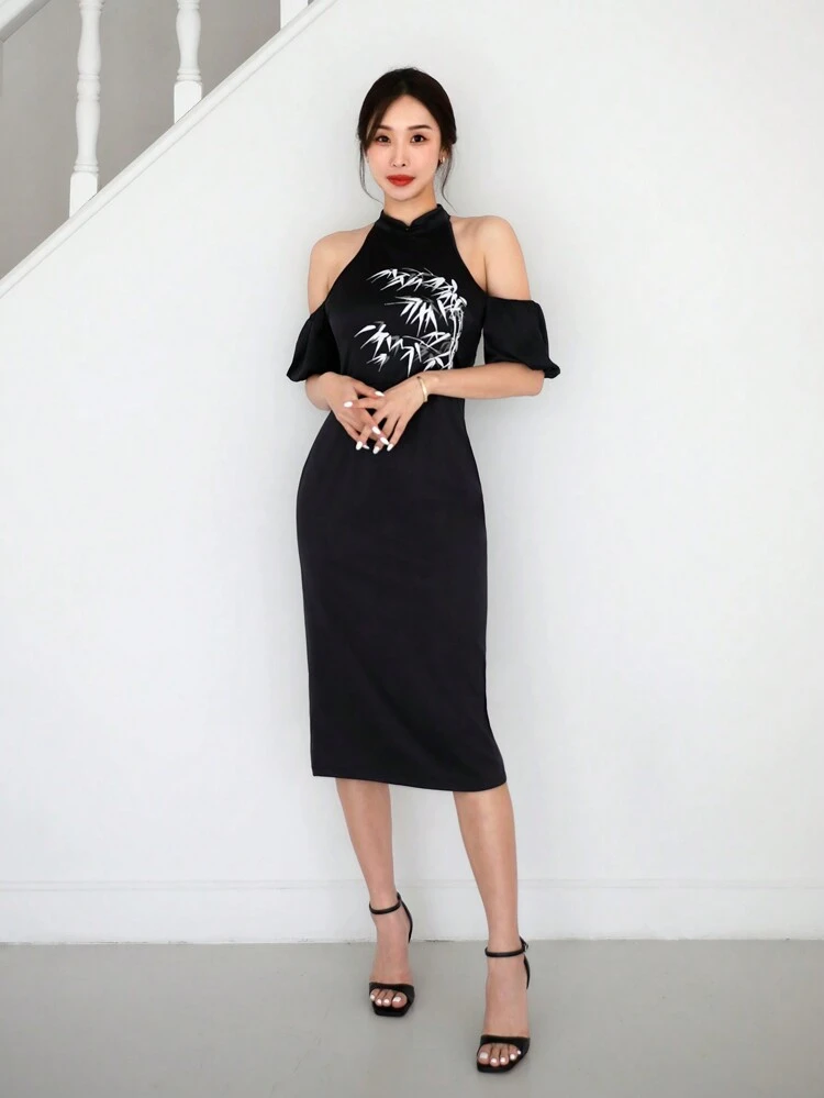 New Chinese Style Black Open Shoulder Chinese Style Bamboo Print Improved Cheongsam Dress For Women